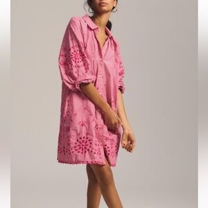 Scotch & Soda Shirt Dress Pink White Stripe 36 Embroidered Scalloped Hem